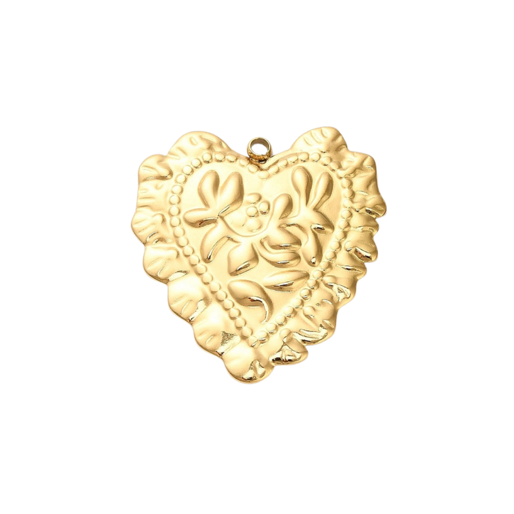 Gold Scalloped Flora Heart Charm on transparent background