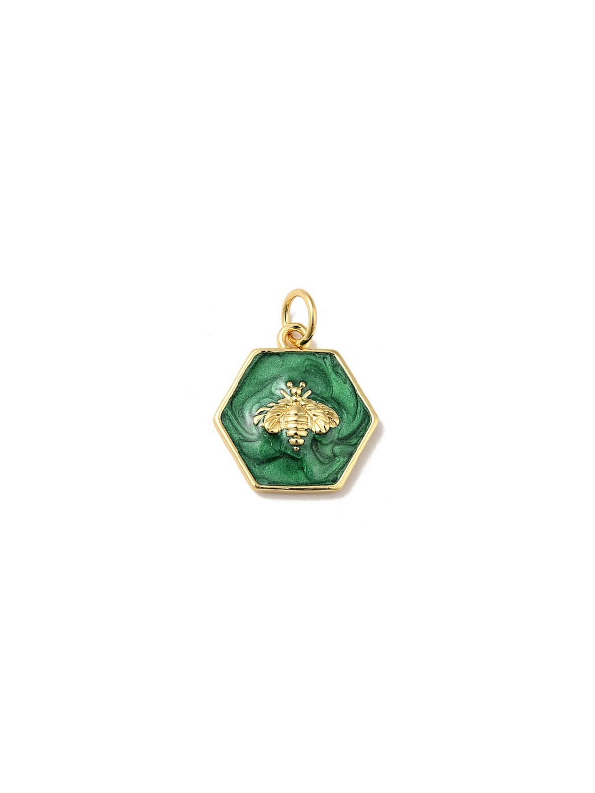 Front of the Gold and Green Hexagon Bee Charm