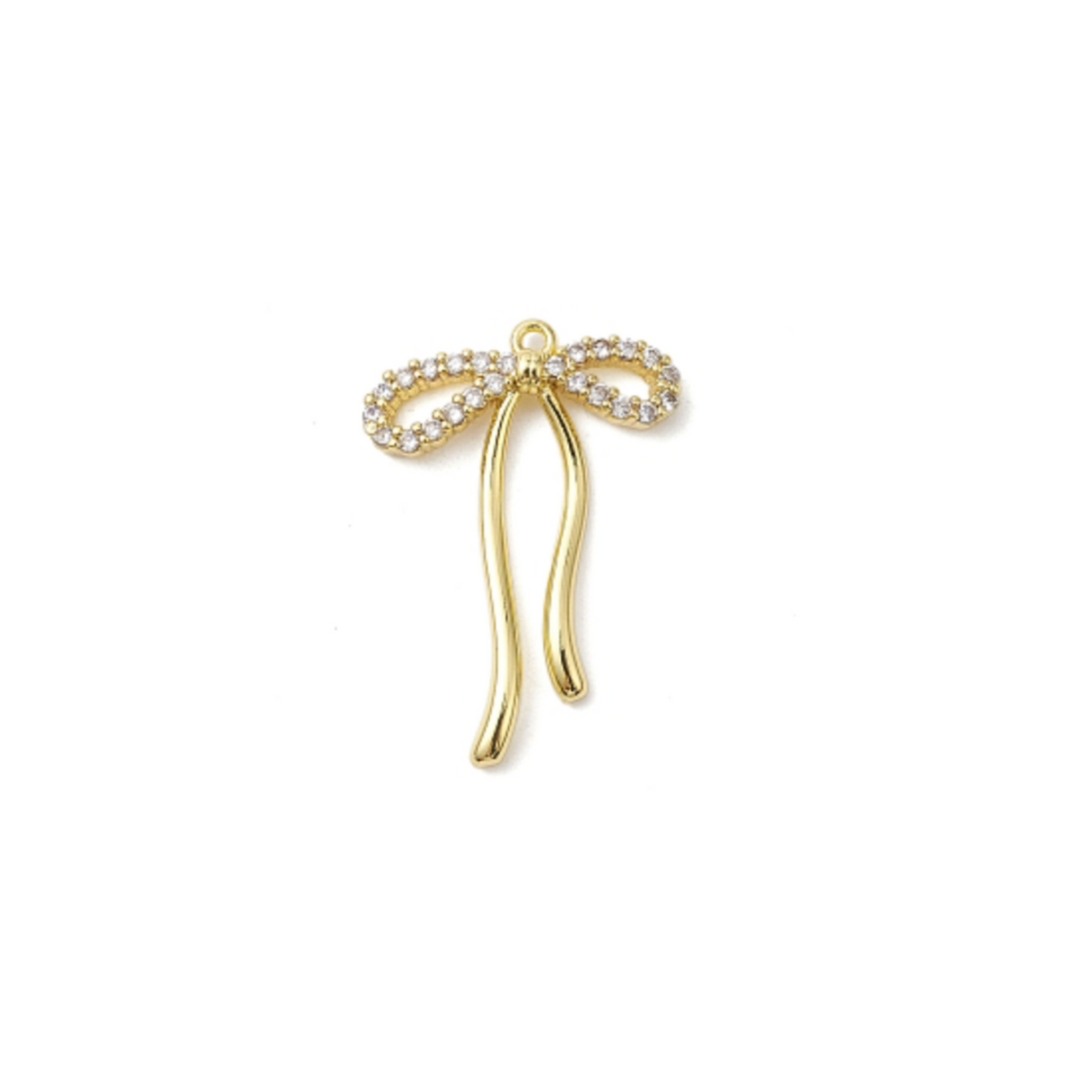 Crystal Bow Charm in gold on white background, front view.
