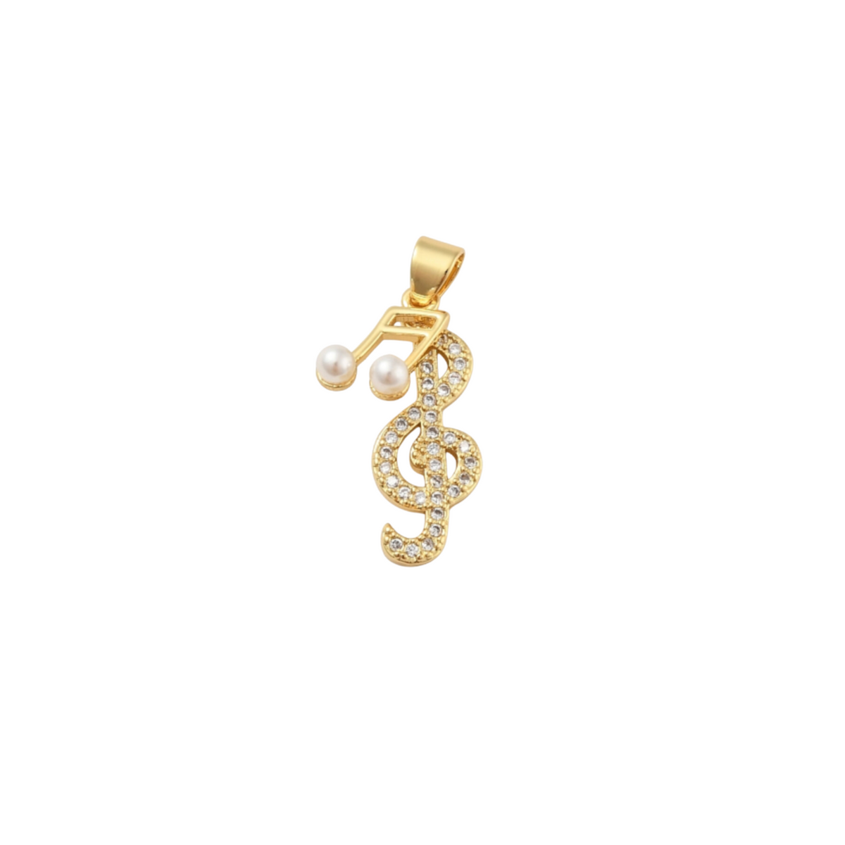 Front of the Gold Cubic Zirconia Treble Clef and Pearl Music Note "Melody" Charm