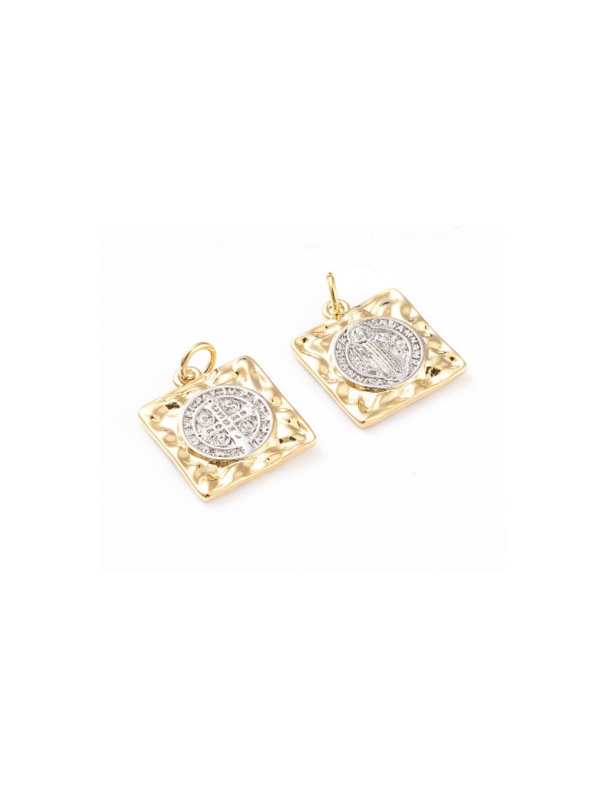 Front of two Gold Saint Benedict Square Charm