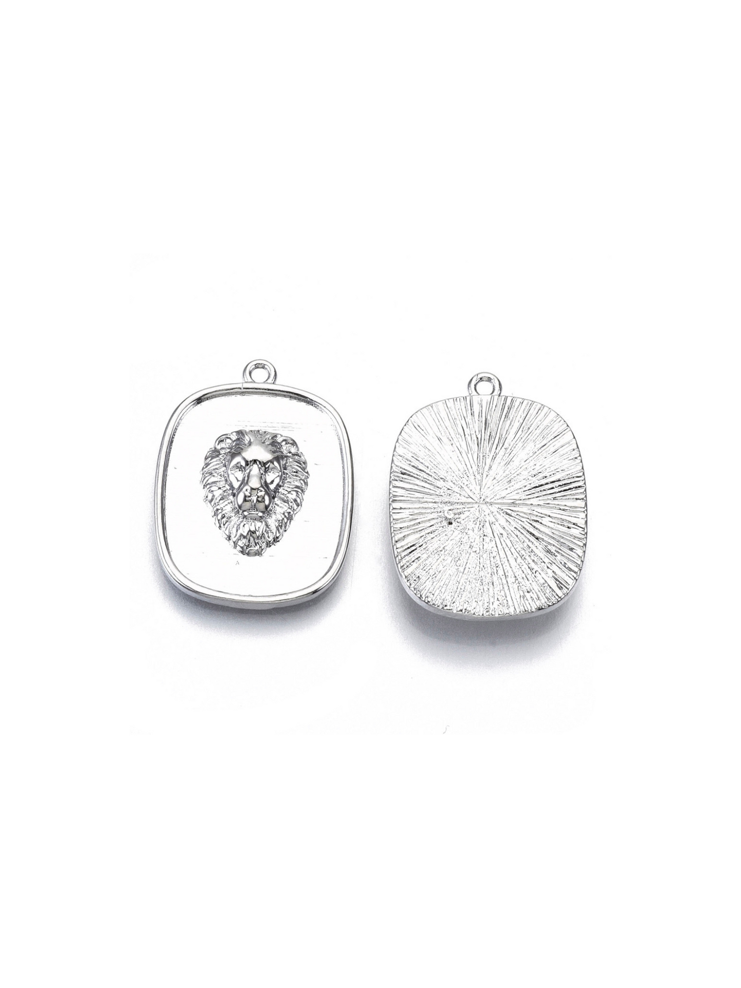 Front and back view of the Silver Lion's Head Tag Charm