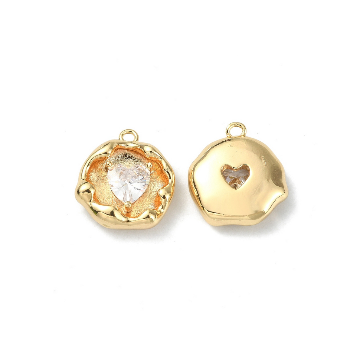 Cubic Zirconia Heart Embedded in Artistic Gold Disc - front and back view