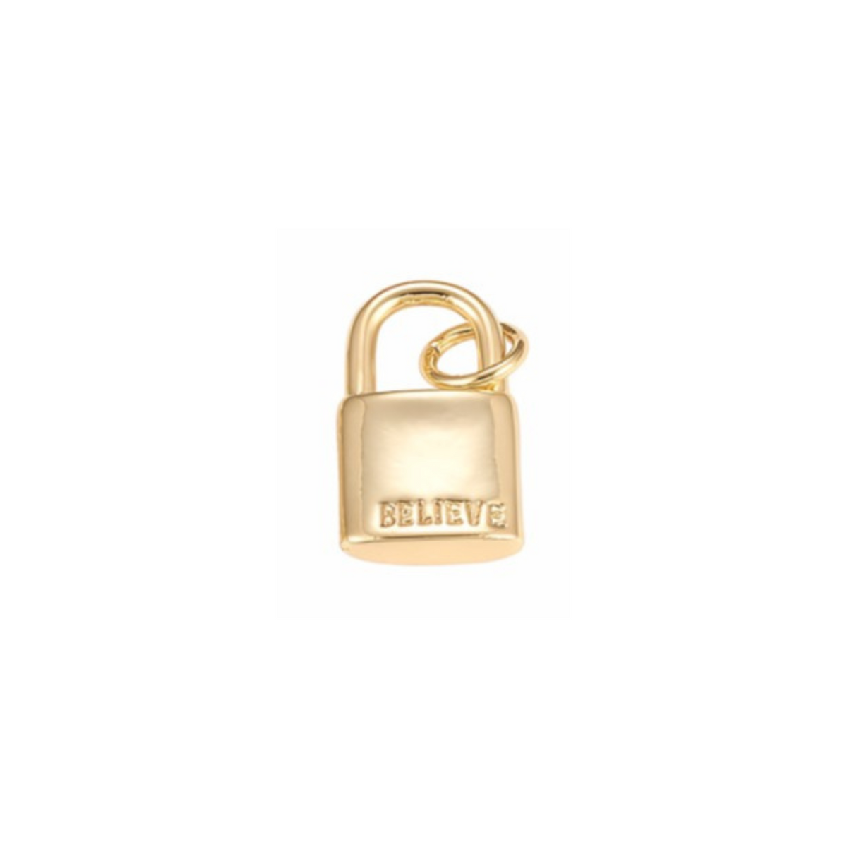 Front of the Gold Inspirational Lock Charm - 'Believe'