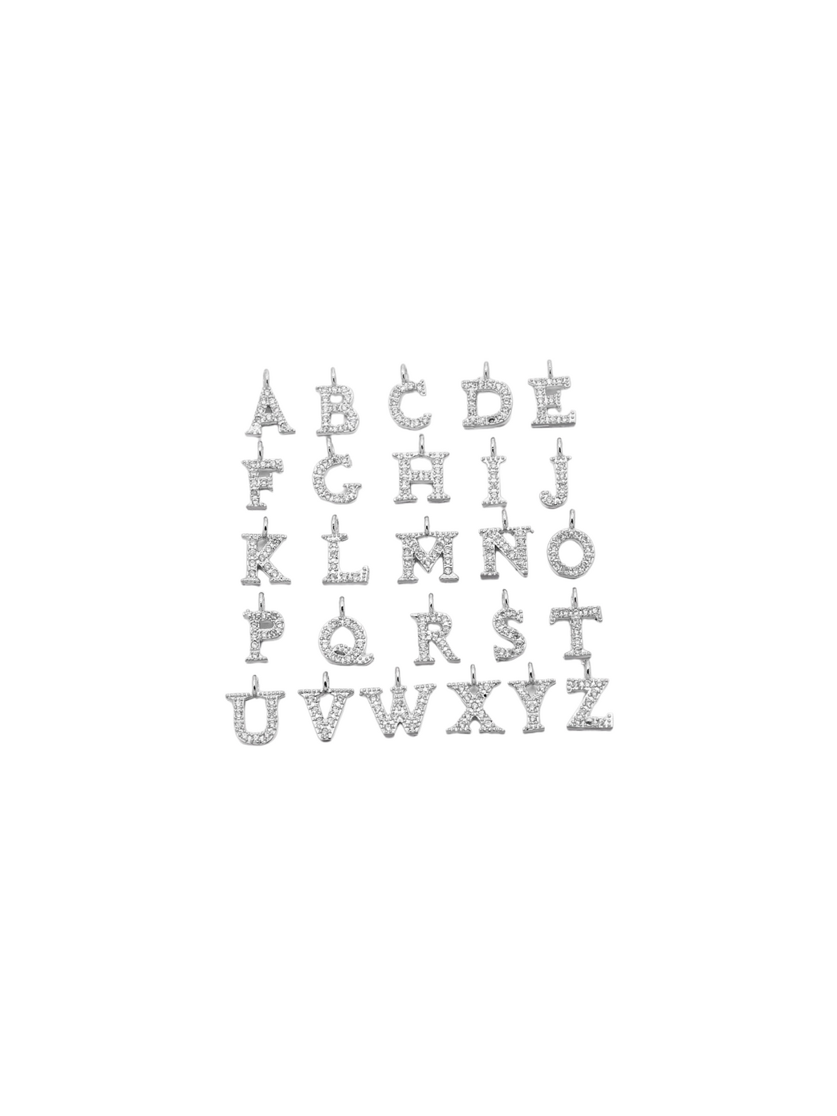 Front view of the Silver Micro Pave Clear Cubic Zirconia Initial Letter | Alphabet Charm Set