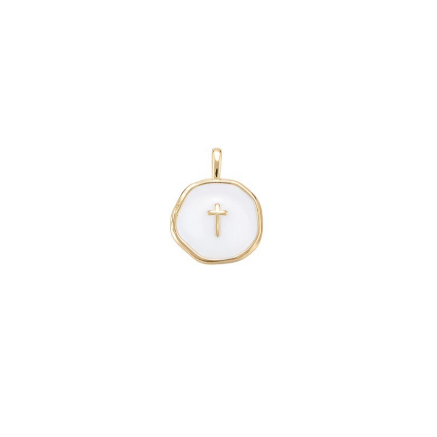 Front of the Gold White Round Disc with Gold Cross Charm