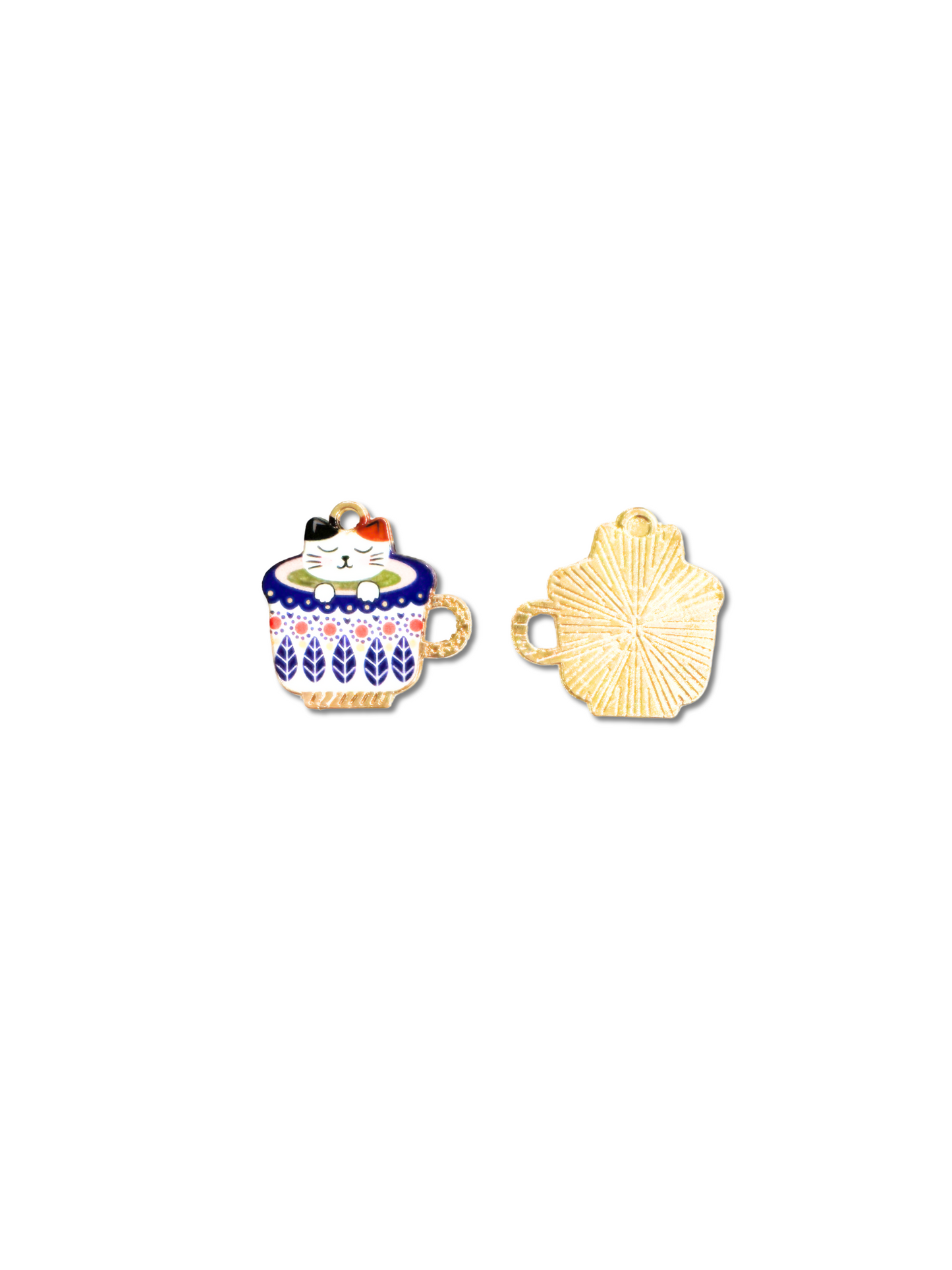 Front and back of Gold Tea Cup with Kitten Charm