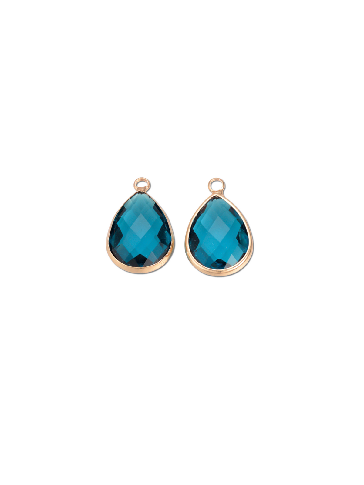Front and back of Gold Framed Small Teardrop Glass Charm | Assorted in blue
