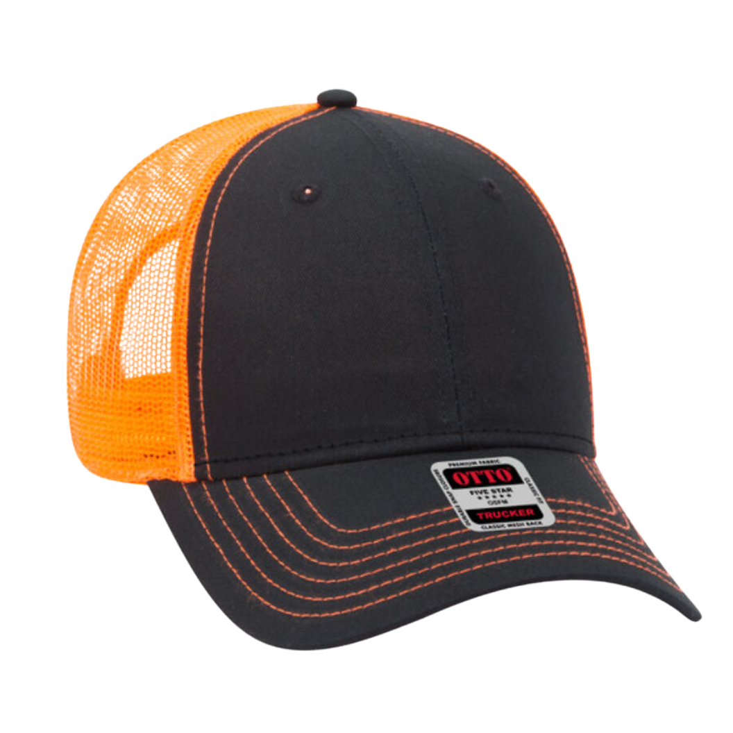 Front view of the Black and Orange Trucker Hat