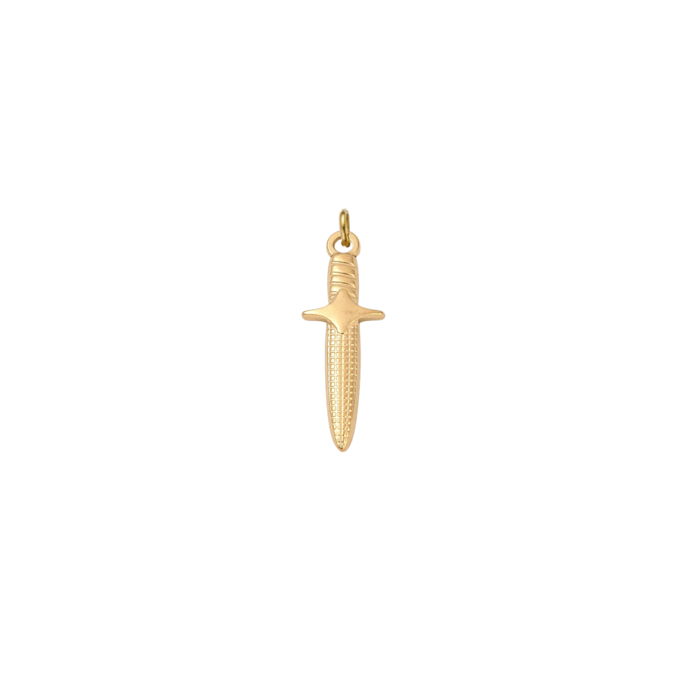 Gold dagger charm featuring engraved blade details and a polished finish on a transparent background.