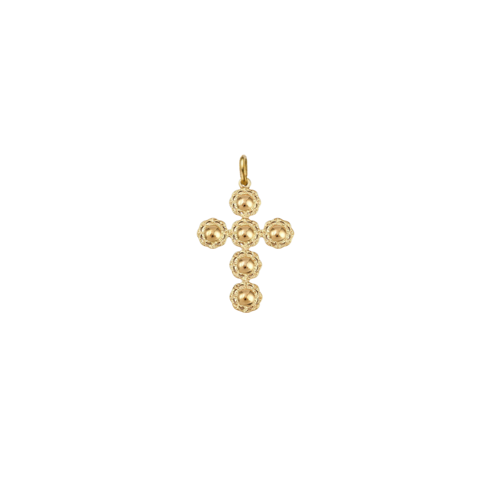 Gold filigree cross charm featuring a textured beaded cross design on a transparent background.