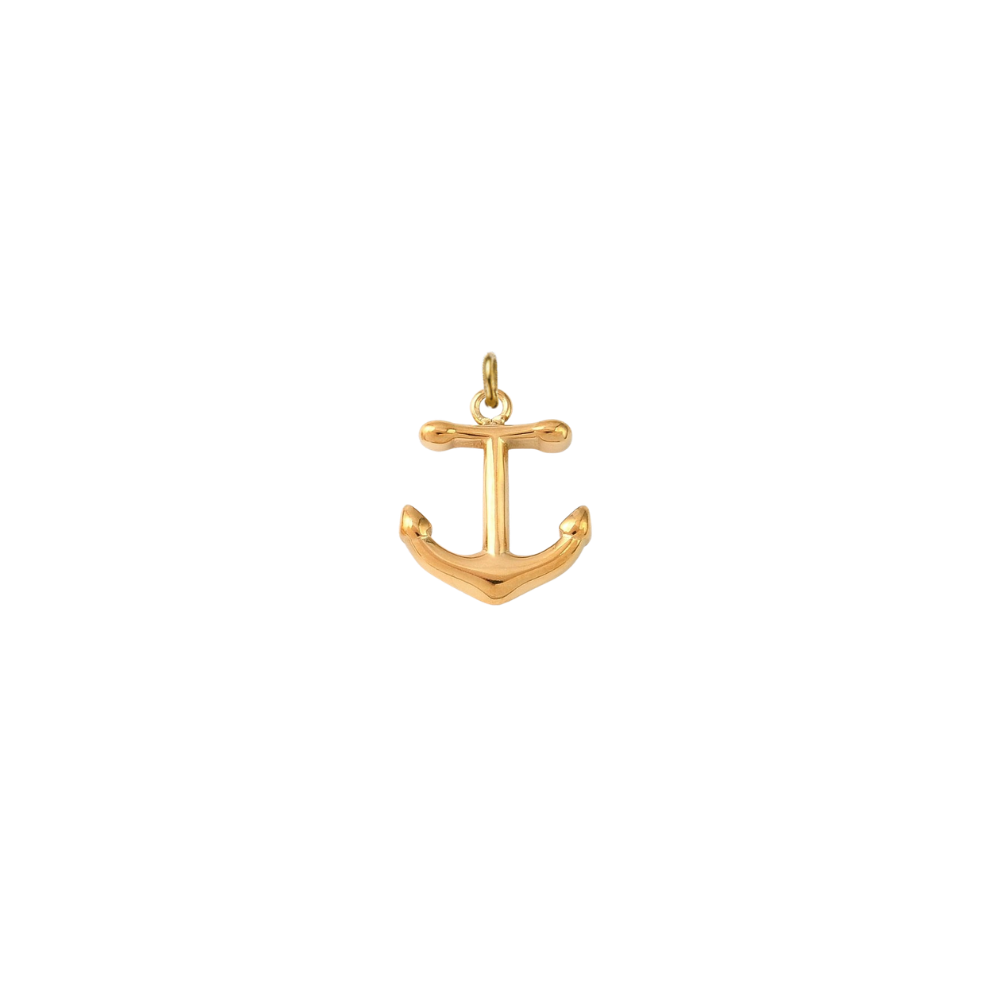 Gold nautical anchor charm with a polished finish on a transparent background.