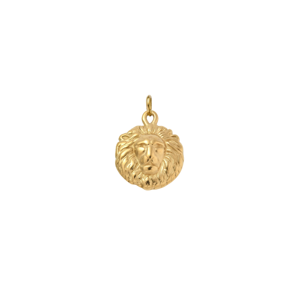 Gold royal Gold Royal Lion Charm featuring a detailed lion head design with a textured mane on a transparent background.