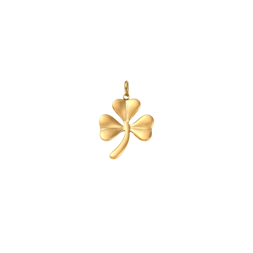 Gold shamrock charm featuring a polished three-leaf clover design on a transparent background.