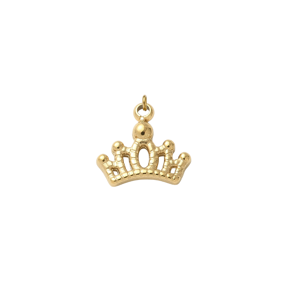 Gold tiara crown charm with an elegant openwork design on a transparent background.