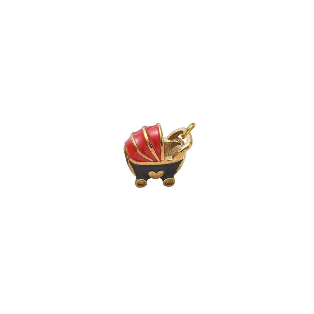 Gold vintage baby carriage charm featuring a red and black enamel baby stroller with gold accents on a transparent background.