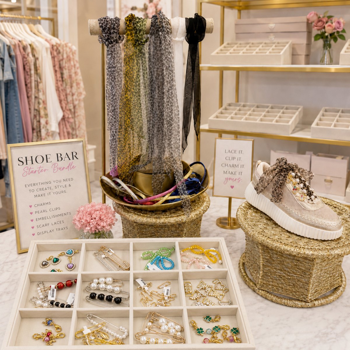 Shoe Bar Starter Bundle display by The Charm Bar Company featuring colorful scarf shoe laces, decorative shoe charms, pearl brooches, safety pins, lace clips, and embellishments organized in a velvet compartment tray. A custom sneaker with scarf laces and shoe charms is displayed alongside boutique signage, showcasing an interactive shoe bar setup for retailers, parties, and DIY customization experiences.
