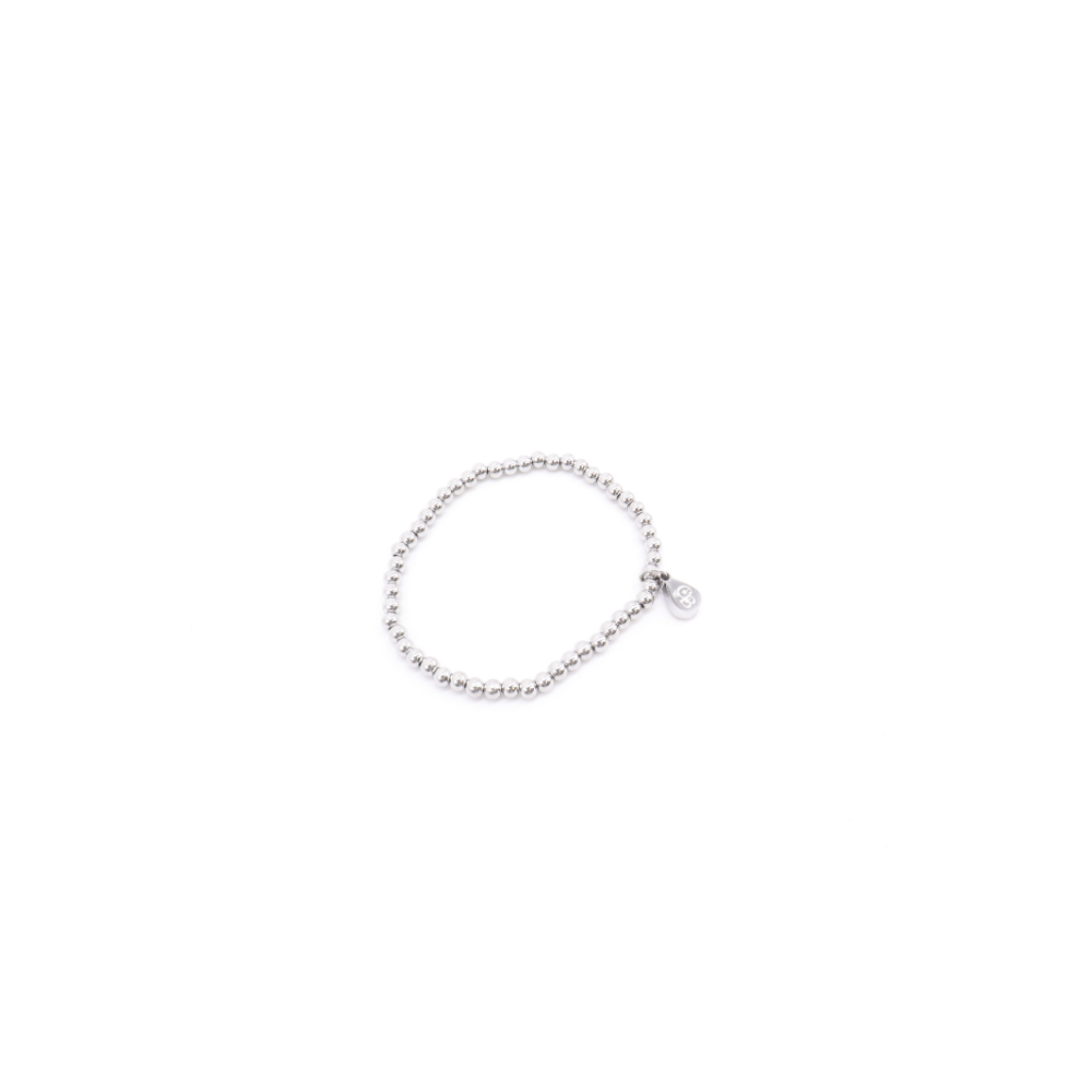 Silver classic beaded bracelet displayed on white background.