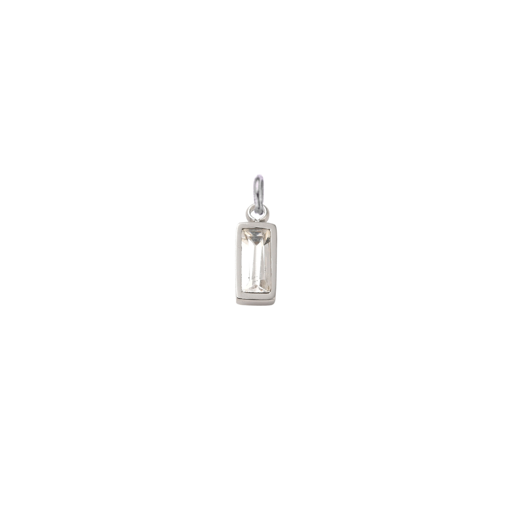 Silver rectangular clear crystal gemstone charm with a faceted baguette-cut stone on a transparent background.