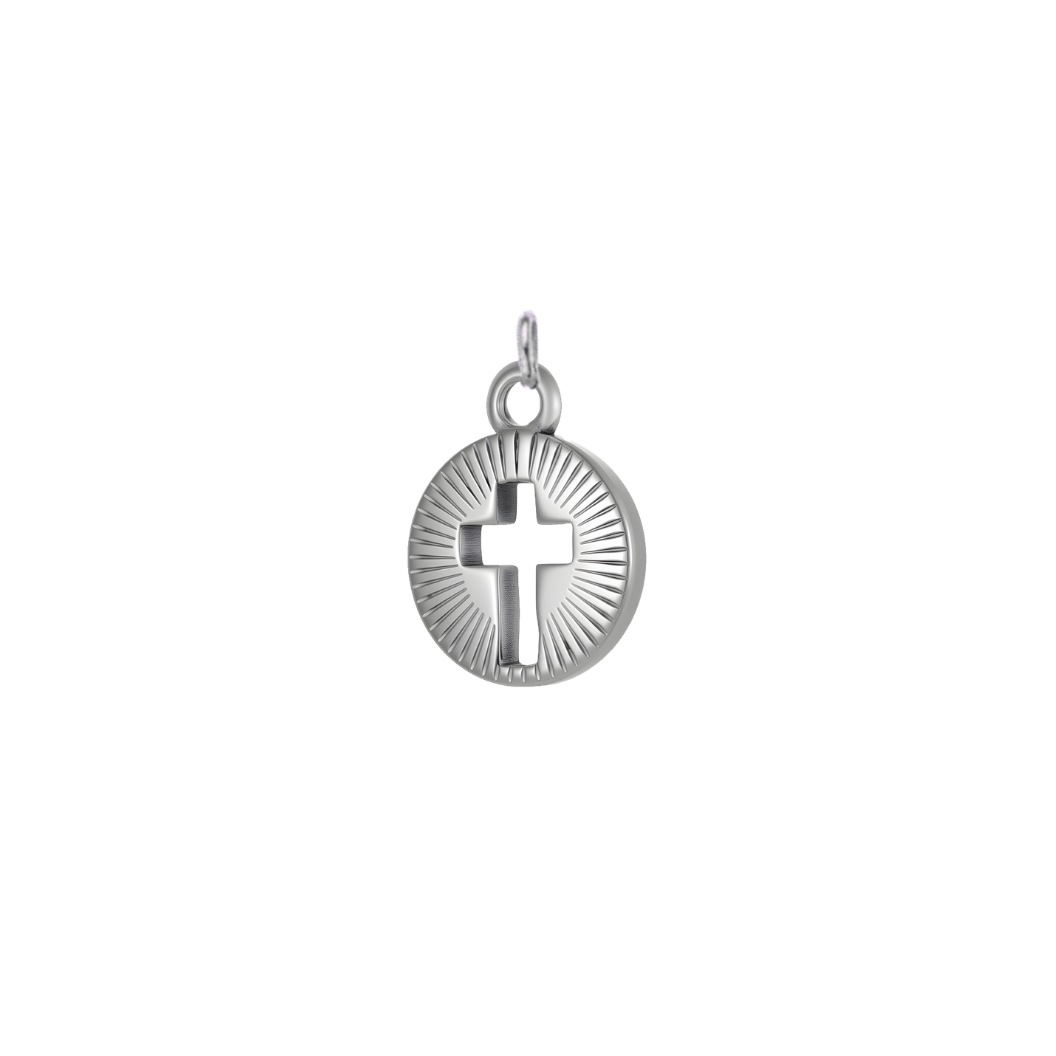 Silver Gleaming Center Cross charm featuring a cutout cross with engraved sunburst detailing, displayed on a transparent background,.