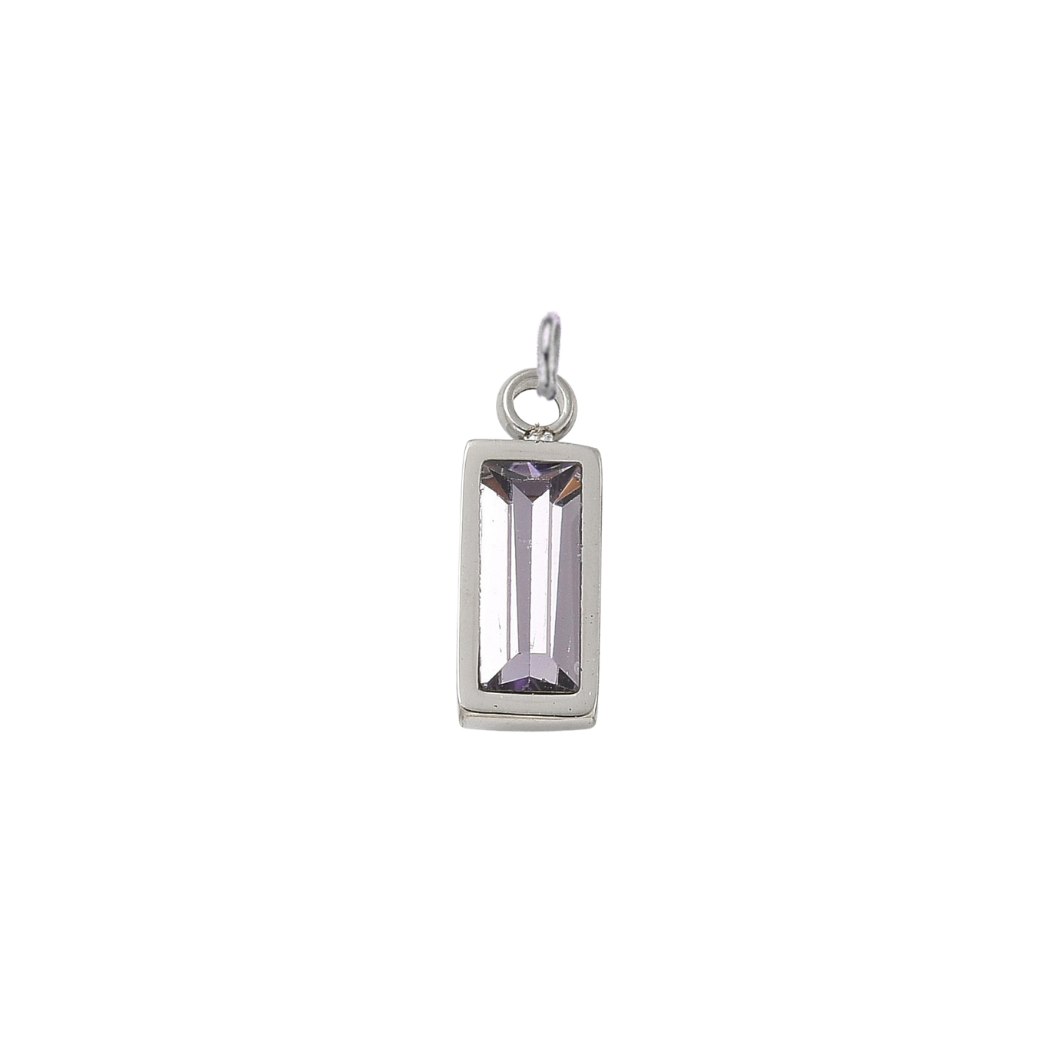 Silver rectangular lilac crystal gemstone charm with a faceted baguette-cut stone displayed on a transparent background