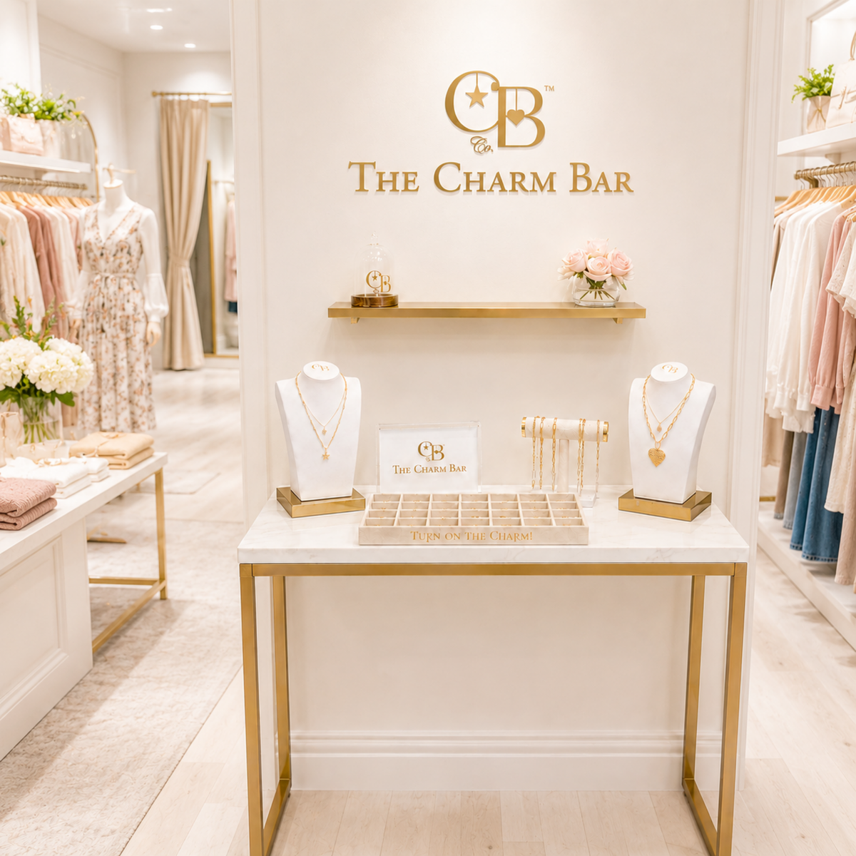 Elegant waterproof Charm Bar display inside a boutique featuring gold charm necklaces, bracelet displays, a velvet charm tray, and The Charm Bar Company branding in a bright, luxury retail setting.