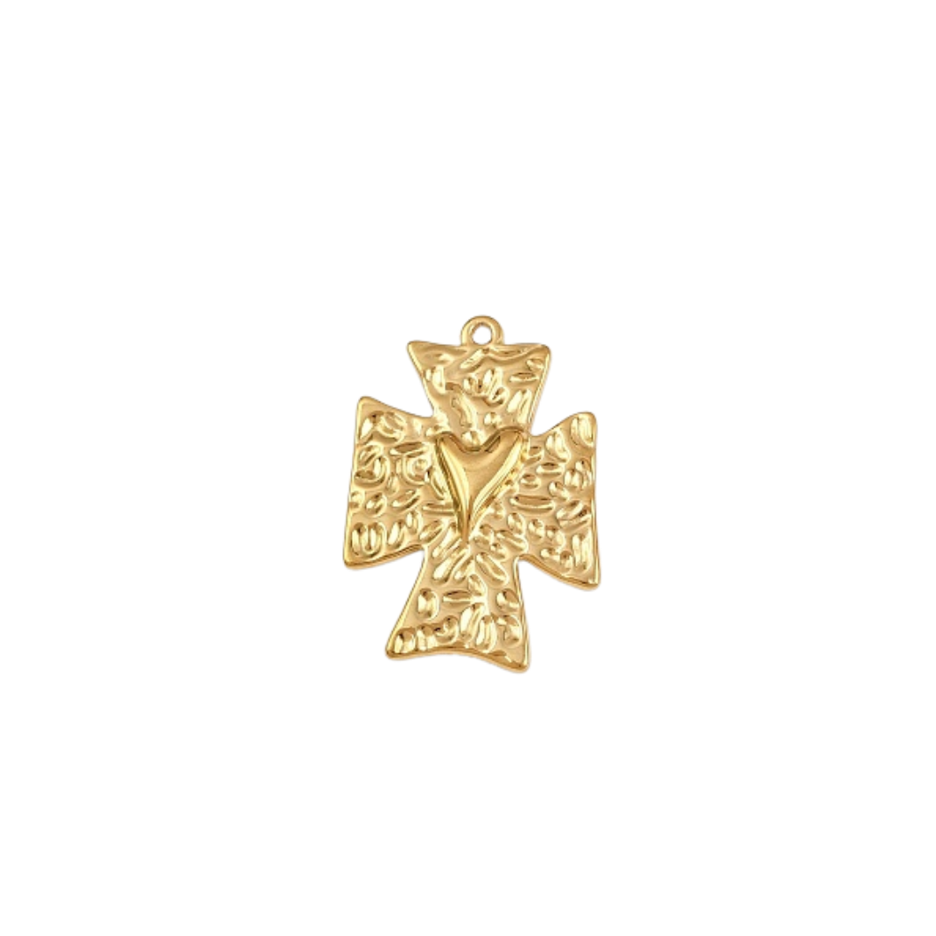 Gold cross pendant on a white background