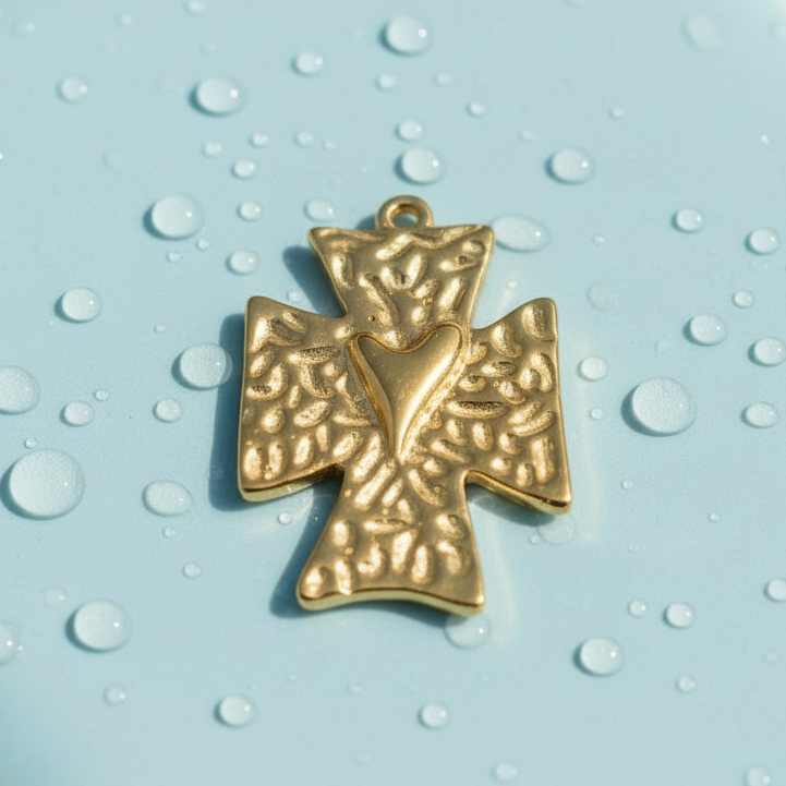 Gold cross pendant on a light blue background with water droplets