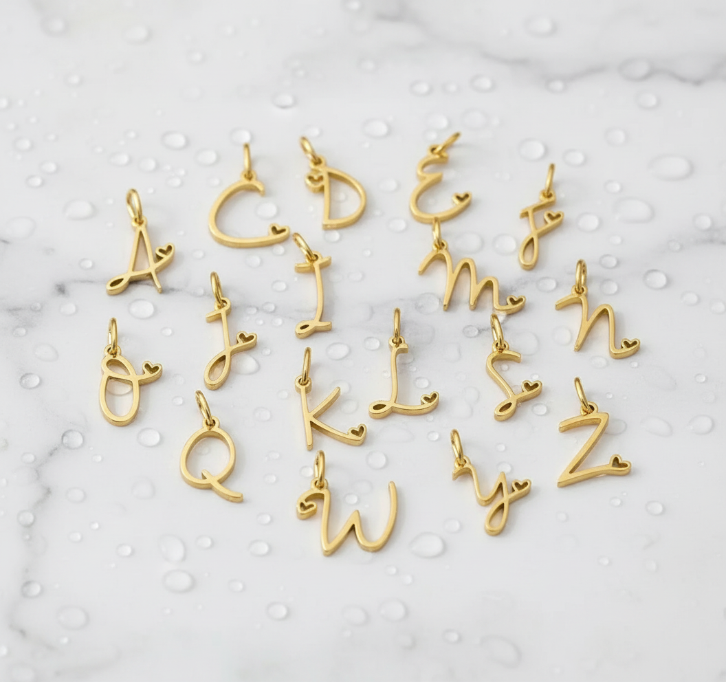 Gold Cursive Initial Letter Set | Waterproof Stainless Steel Charm Set