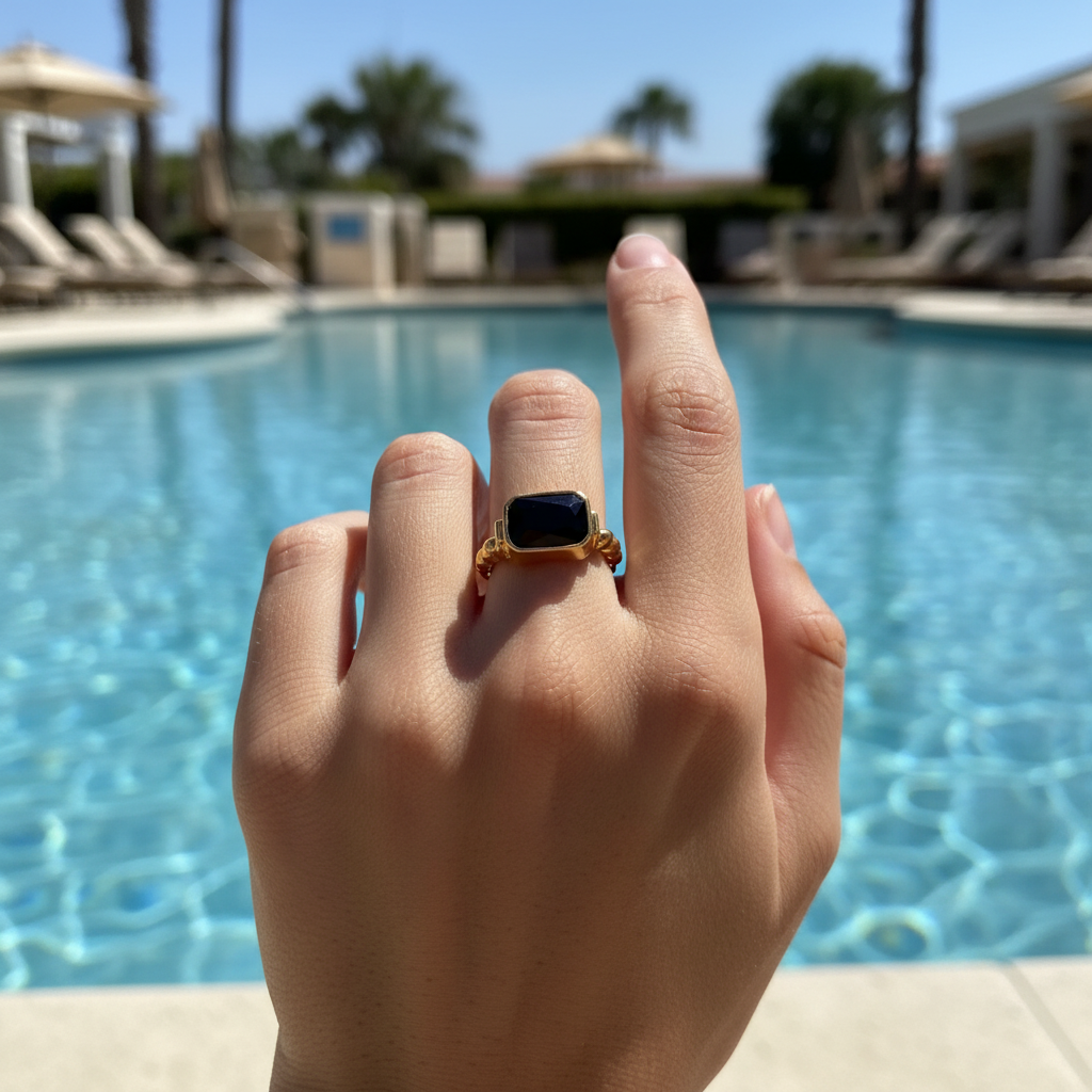 Black Gemstone with Gold Twisted Band Ring  | Waterproof Stainless Steel