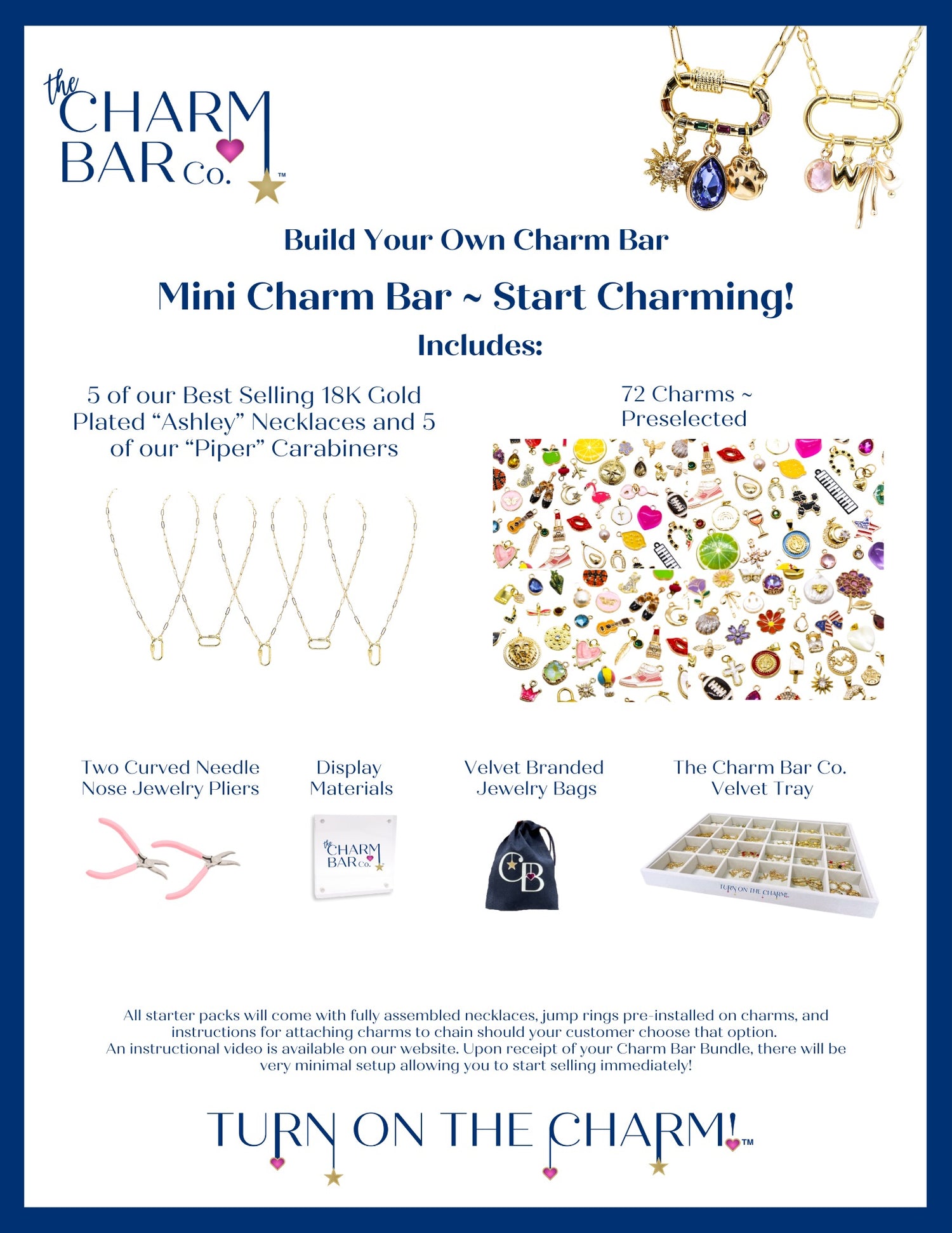 Gold Mini Charm Bar Bundle including 5 of our best selling 18k gold plated "Ashley" necklaces and 5 of our "Piper" carabiners, 7 charms preselected, two curved needle nose jewelry pliers, display materials, velvet branded jewelry bags, and the Charm Bar Co. velvet tray