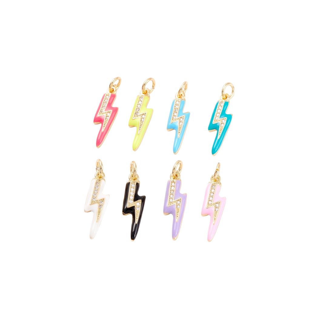 Set of colorful lightning bolt-shaped charms on a white background