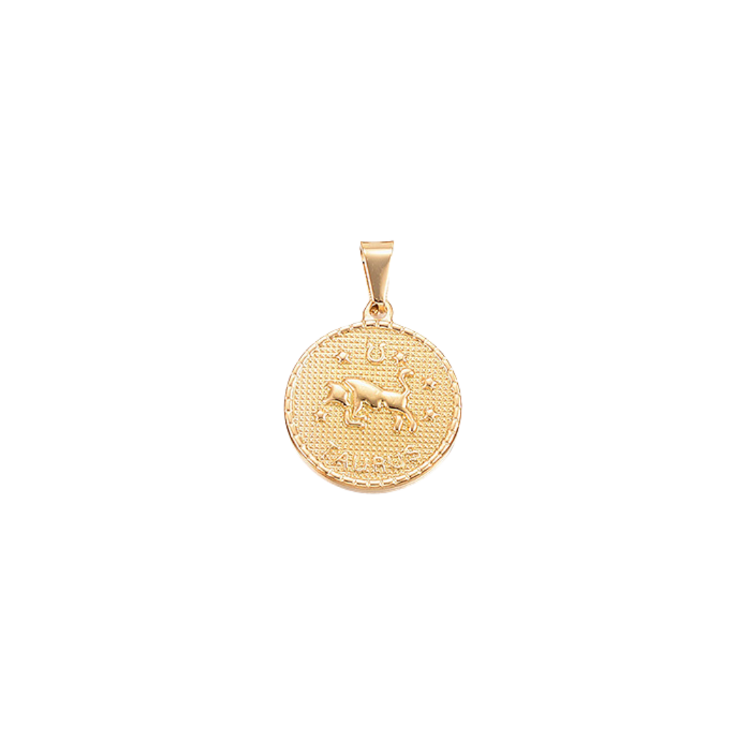 Transparent Taurus Gold Zodiac Disc Charm, Front View 