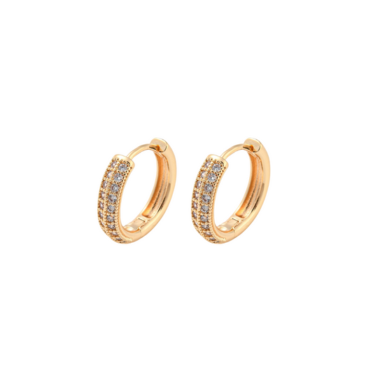 Gold hoop earrings with embedded stones on a white background