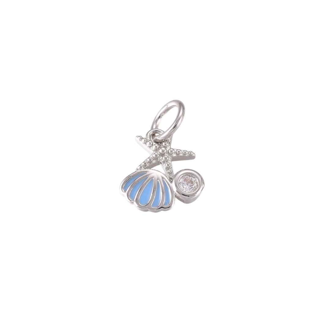 Silver pendant with blue shell and starfish design on a white background