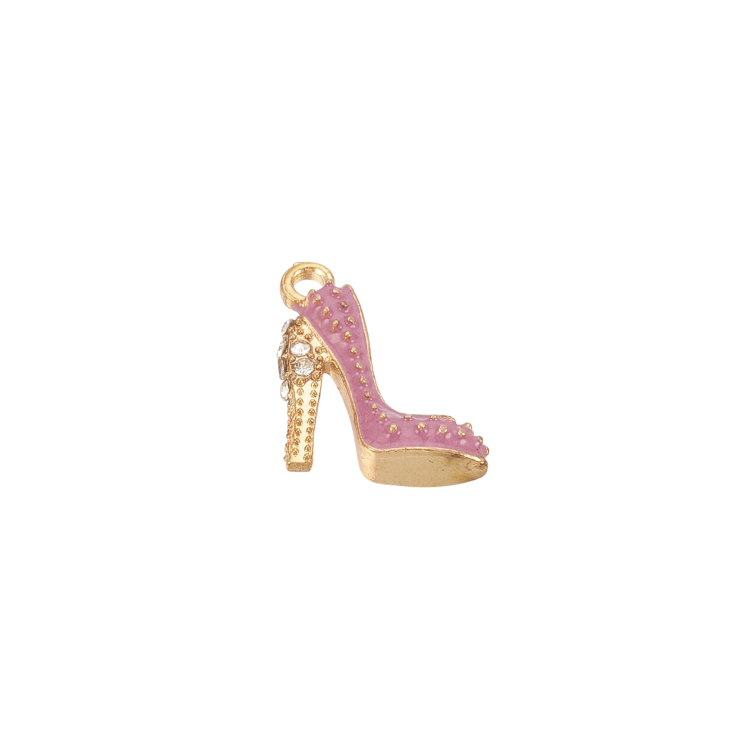 Pink high-heeled shoe charm with gold accents on a white background