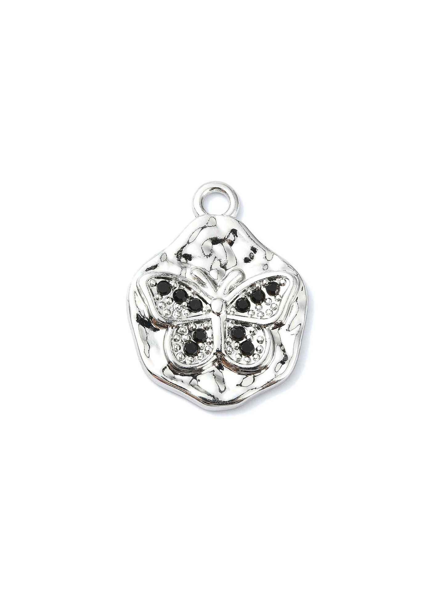 Silver Hammered Black Rhinestone Butterfly