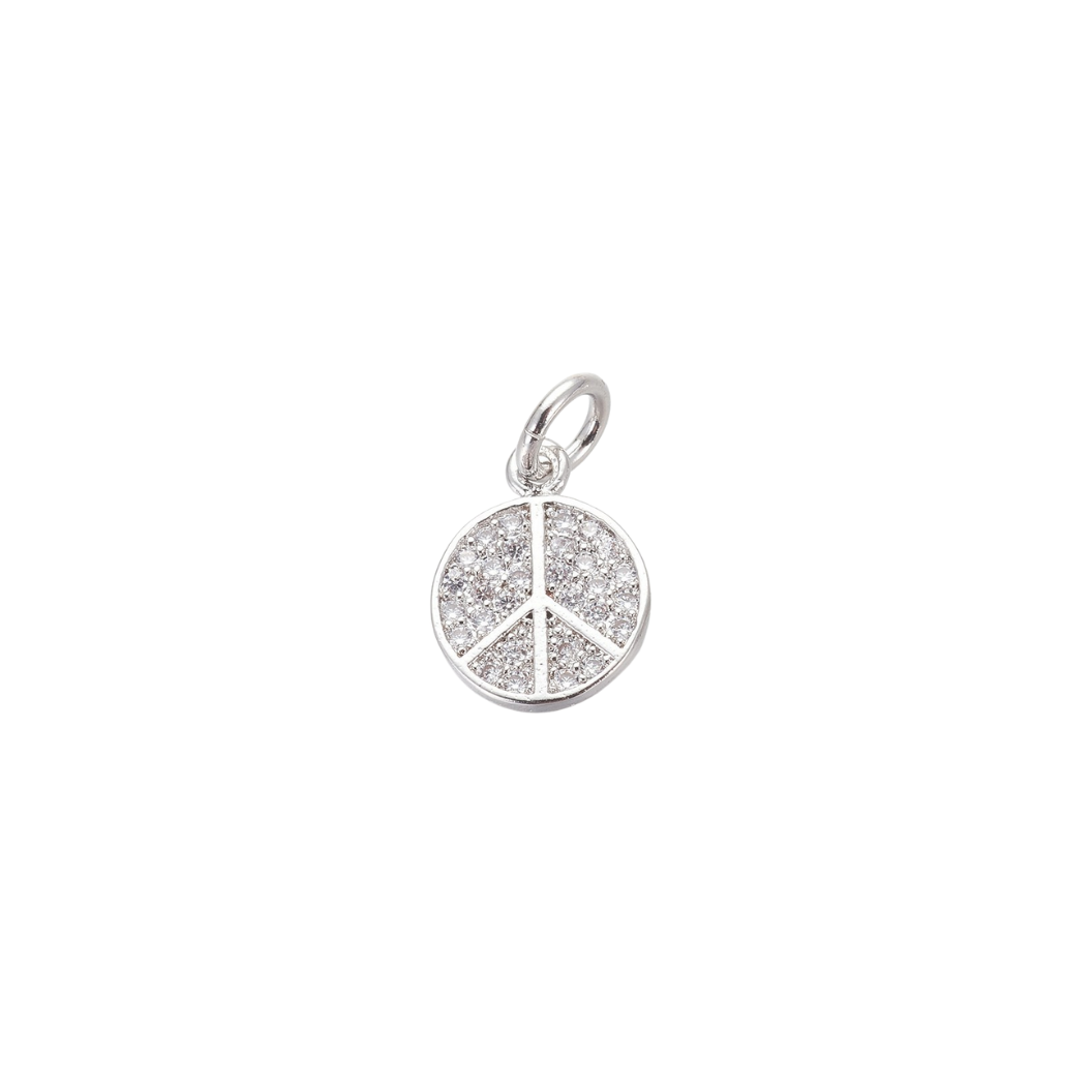 Front View of the Silver Peace Sign with Cubic Zirconia Charm