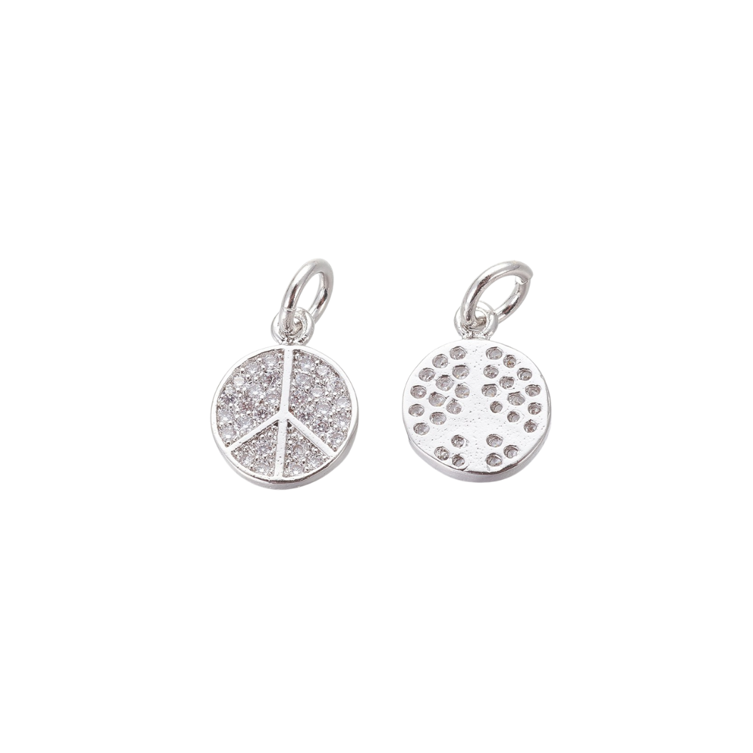 Front & Back View of the Silver Peace Sign with Cubic Zirconia Charm