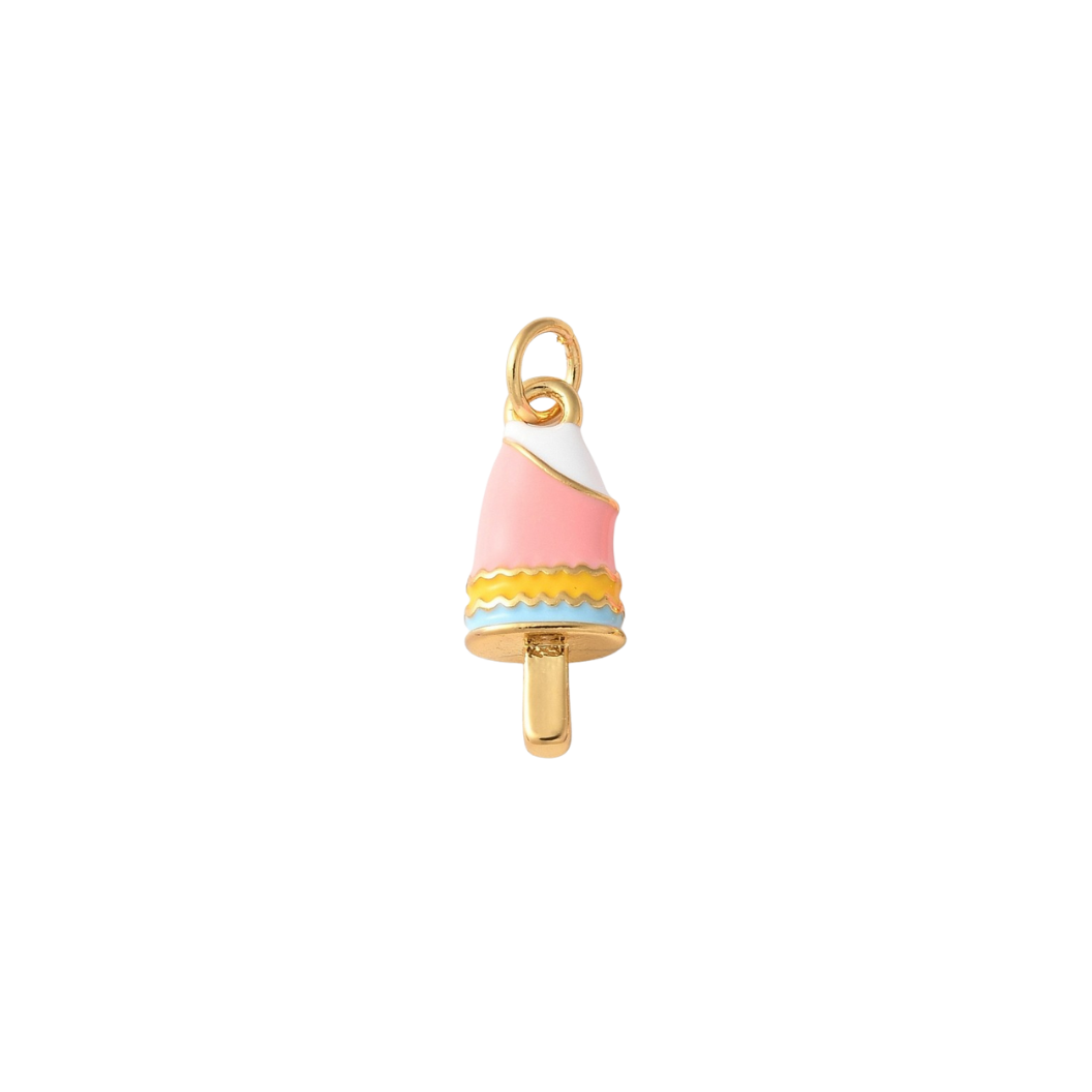 Ice cream popsicle charm with pink and gold details on a white background with transparent background