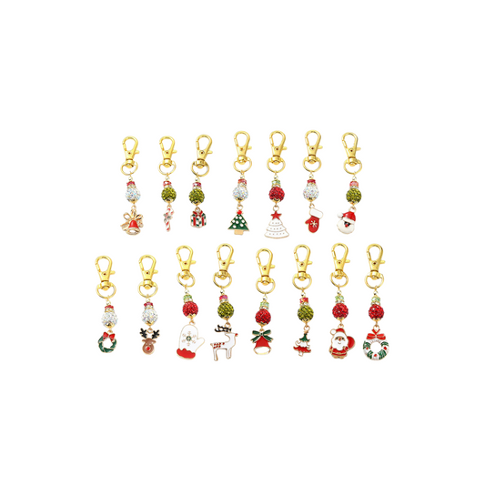 Set of Christmas-themed keychains on a white background