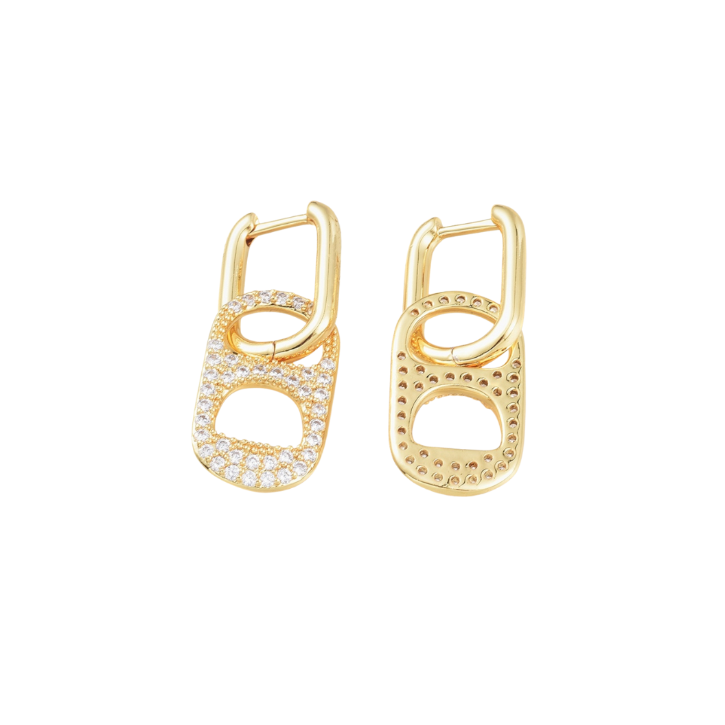 Gold earrings with diamond accents on a white background