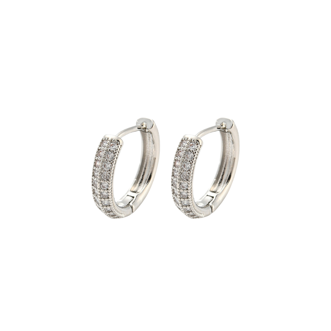 Pair of silver hoop earrings on a white background
