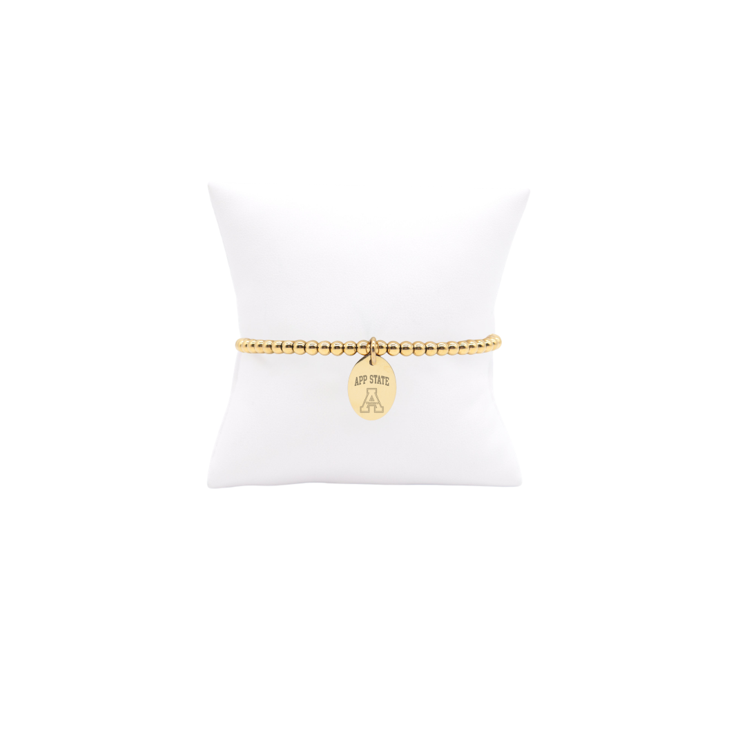 Appalachian State University Gold Beaded Bracelet with Small Gold Oval Charm | Waterproof, Hypoallergenic & Tarnish Resistant