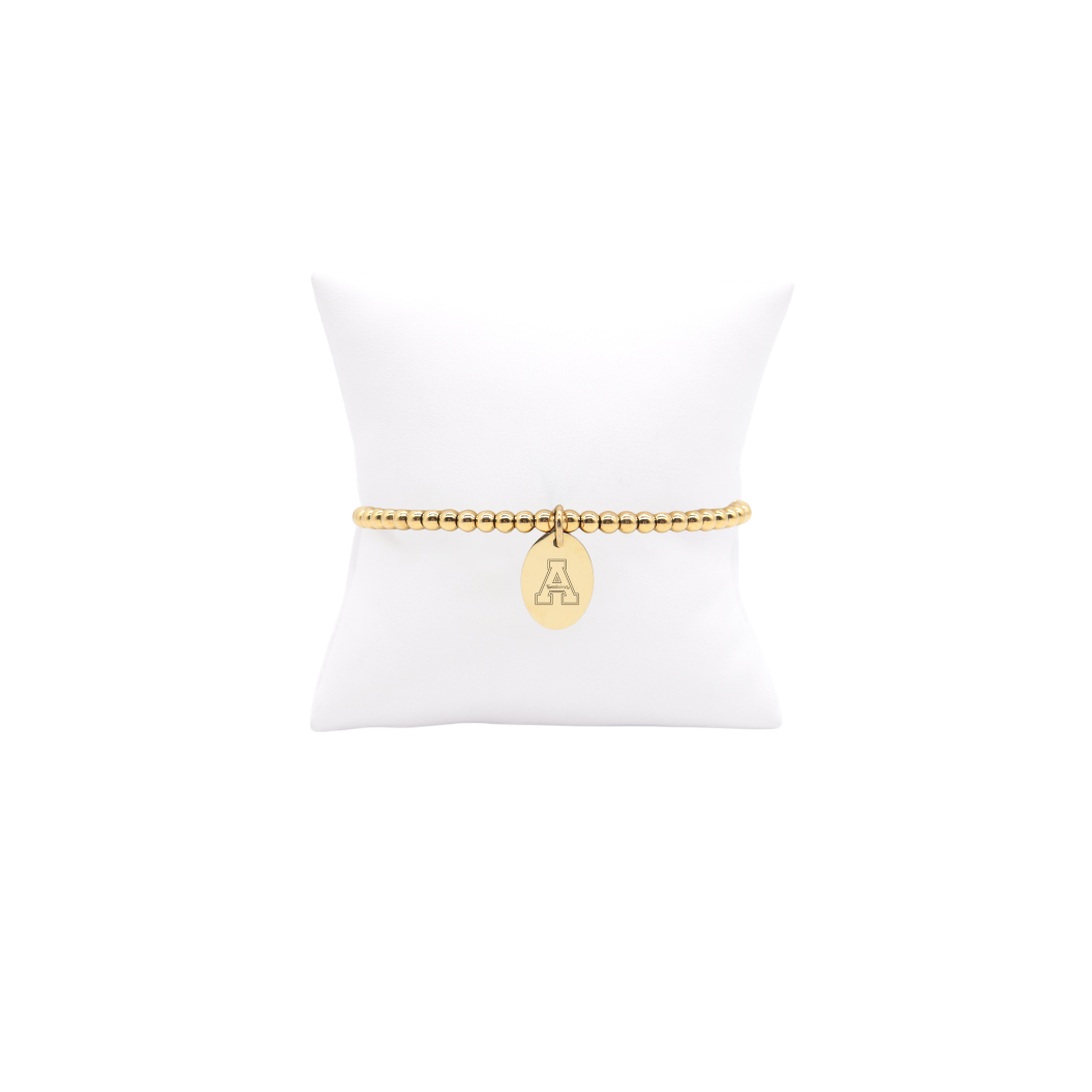 Appalachian State University Gold Beaded Bracelet with Small Gold Oval Charm | Waterproof, Hypoallergenic & Tarnish Resistant