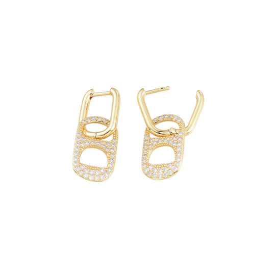 Gold hoop earrings with embedded diamonds on a white background