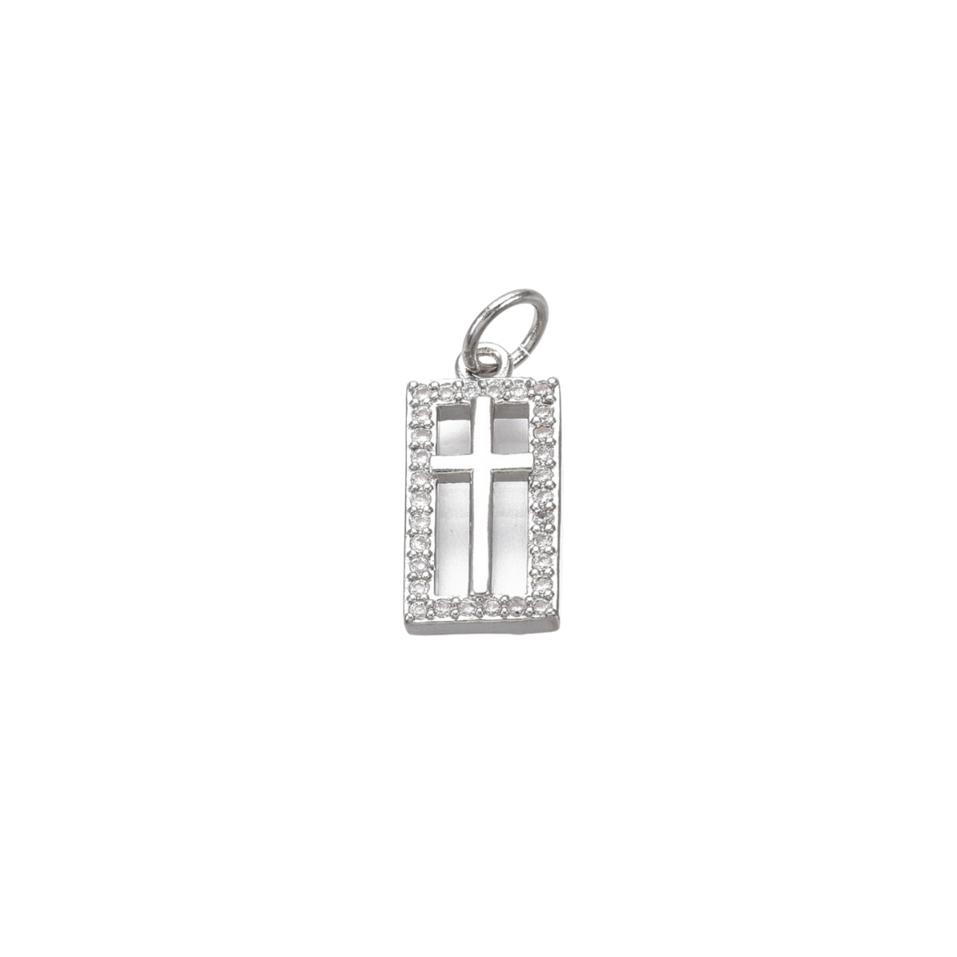 Silver Rectangle Center Cross with Cubic Zirconia Charm