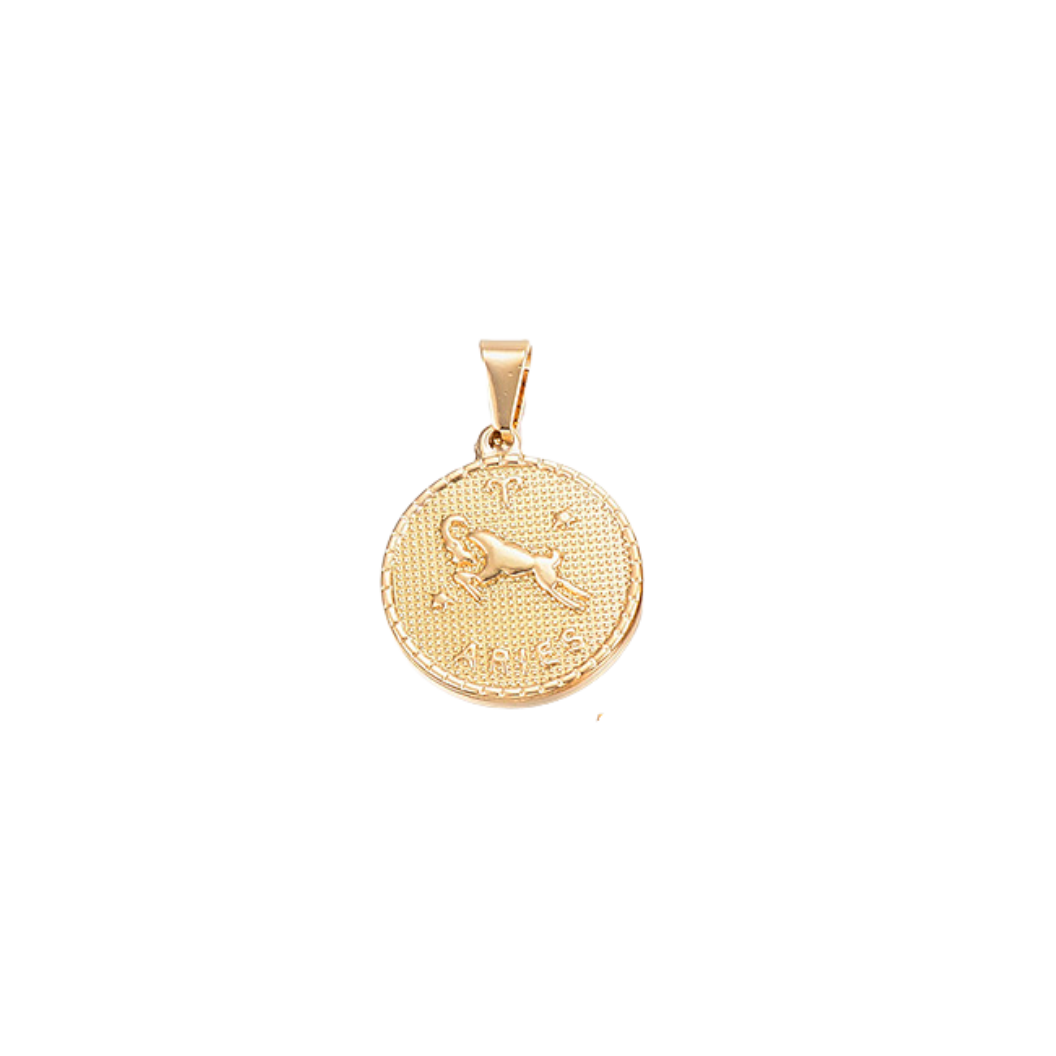 Transparent Aries Gold Zodiac Disc Charm, Front View 