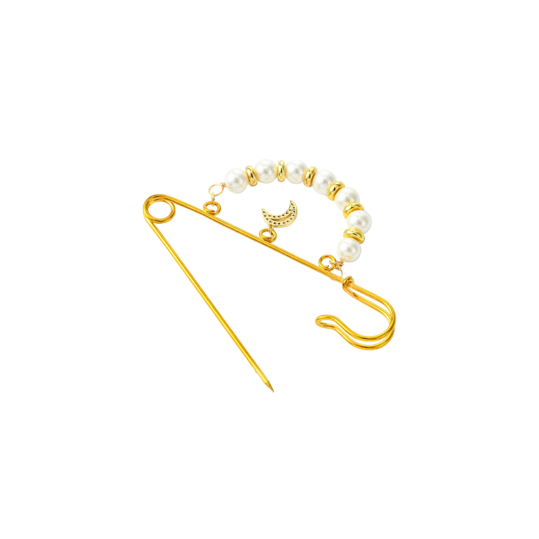 Back View Gold Moon & Pearl Safety Pin Brooch | Shoe, Purse & Hat Charm
