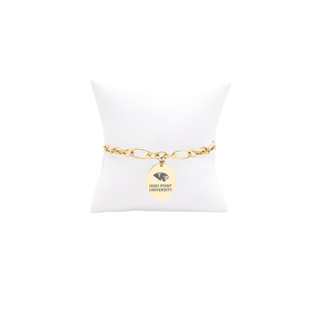 High Point University Keepsake Bracelet with Large Gold Oval Charm | Waterproof, Hypoallergenic & Tarnish Resistant